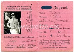 HJ - Hitlerjugend Vorläufiger Ausweis eines Jungen des Jahrgangs 1916 im Bann 224 Unterbann IV aus Treysa 