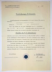 N.S.Arbeitsdienst Arbeitsgau 28 (Franken ) - Verleihungsurkunde Nr. 141 für das Abzeichen des N.S.Arbeitsdienstes