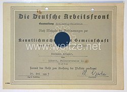 III. Reich - DAF Gauverwaltung Schleswig-Holstein - Berechtigungsurkunde zum Aushang der Plakette der Aktion " Kenntlichmachung der Gemeinschaft "