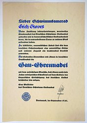 III. Reich - Deutscher Schwimm-Verband Gau Westfalen - Verleihungsurkunde für die Gau-Ehrennadel