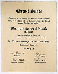 III. Reich - Verband ehemaliger Weimarer Bauschüler - Ehrenurkunde zum Ehrenabzeichen für Verdienste