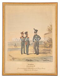 Herzogtum Nassau gerahmte handkolorierte Lithographie «Garnisonscompagnie/Halbinvalide/von der Festung Marxburg »