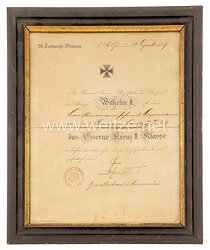 Preußen 1. Weltkrieg Gerahmte Verleihungsurkunde für das Eiserne Kreuz II. Klasse für «Johann Oppermann» im Landwehr-Infanterie-Regiment Nr. 387