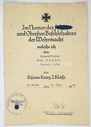 Verleihungsurkunde zum Eisernen Kreuz 2. Kl. / Fahrkol. 5/26, Inf. Reg 26, Flensburg