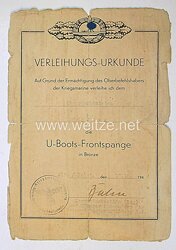 Kriegsmarine - Verleihungsurkunde für die U-Boots-Frontspange in Bronze