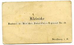 Baden Visitenkarte «Kleinicke Leutnant im Badischen Fußartillerie-Regiment Nr. 14 Straßburg i.E.»