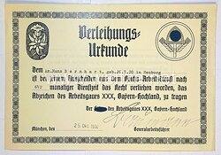 Reichsarbeitsdienst ( RAD ) - Verleihungsurkunde für das Abzeichen des Arbeitsgaues XXX Bayern-Hochland