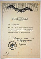 Reichsluftschutz - Abzeichen für den Flugmeldedienst - Bescheinigung für eine Frau in Kiel