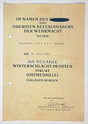 Verleihungsurkunde - Ostmedaille 1941/42, 