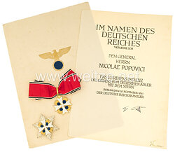Deutscher Adlerorden Satz Verdienstkreuz 2. Klasse mit Bruststern und der Verleihungsurkunde an einen Rumänischen General !