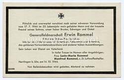 Wehrmacht Heer - Generalfeldmarschall Erwin Rommel Trauerkarte der Familie vom 14.10.1944