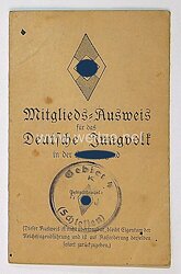 Deutsches Jungvolk ( DJ ) - Mitgliedsausweis für einen Jungen des Jahrgangs 1921 zuletzt beim Jungbann 2/19, Fähnlein Lutzow 4 Gebiet 4 in Schlesien,  