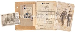 SS-Soldbuch für einen SS-Oberscharführer zuletzt bei der SS Standortverwaltung Prag, mit eingetragene SS Dienstauszeichnung IV. Stufe.  