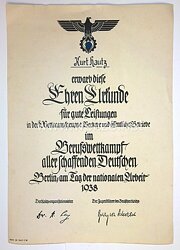 III. Reich - Berufswettkampf aller schaffenden Deutschen 1938 - Ehrenurkunde