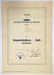 Luftwaffe - Urkunde zum Kriegsverdienstkreuz 2. Klasse mit Schwertern, 