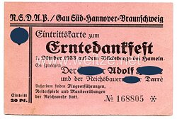 III. Reich Eintrittskarte zum Erntedankfest 1. Oktober 1933 auf dem Bückeberge bei Hameln