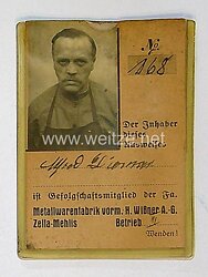 III. Reich - Ausweis Metallwarenfabrik vorm. H.Wißner A.G Zella Mehlis 
