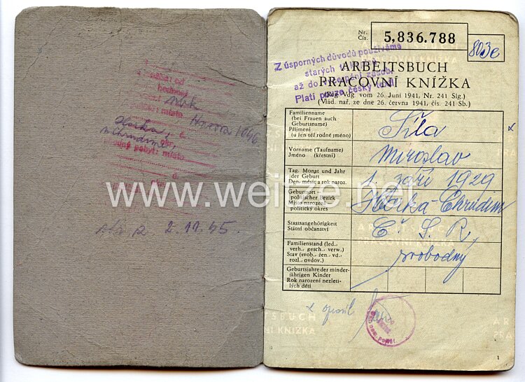 III. Reich - Protektorat Böhmen und Mähren - Arbeitsbuch für einen Mann des Jahrgangs 1929 Bild 2