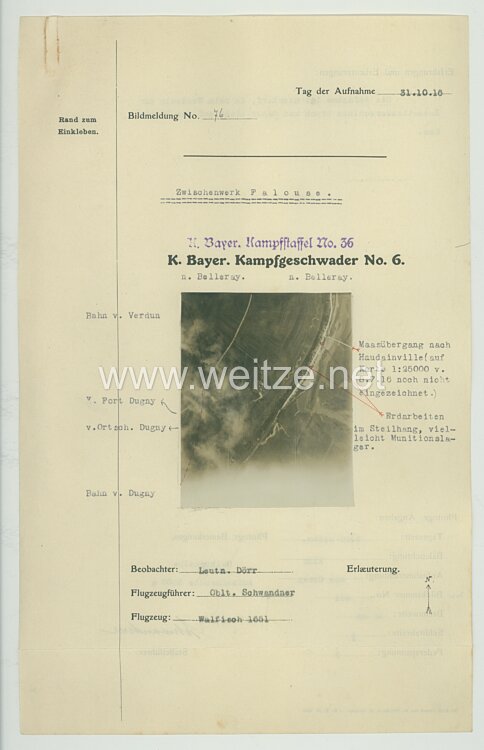 Fliegerei 1. Weltkrieg - Königl.Bayer. Kampfgeschwader No. 6 - Bildmeldung No. 76 vom 31.10.1916