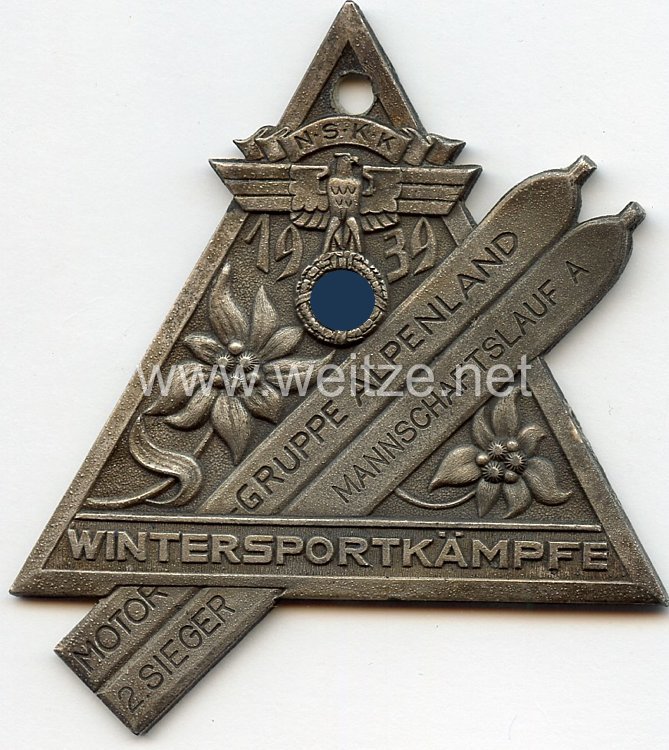 NSKK - nichttragbare Siegerplakette - " NSKK Motorgruppe Alpenland - Wintersportkämpfe 1939 Mannschaftslauf 2. Sieger "