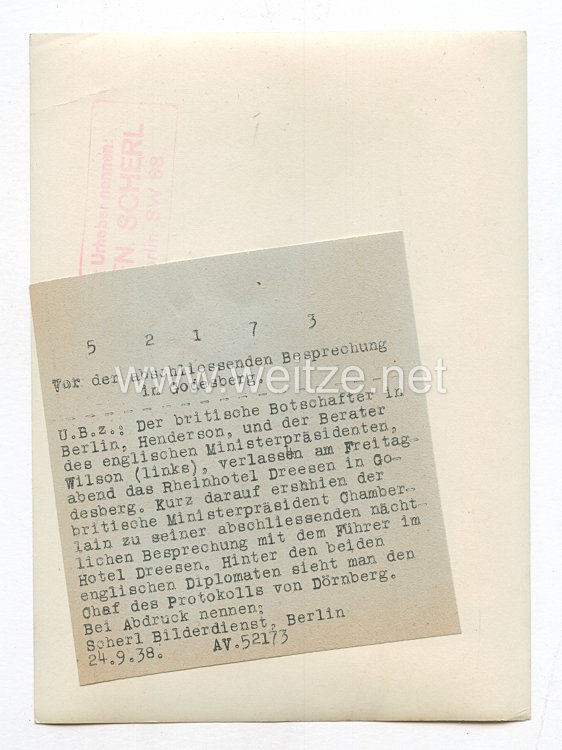 3. Reich Pressefoto: Britische Botschafter Henderson in Berlin 24.9.1938 Bild 2