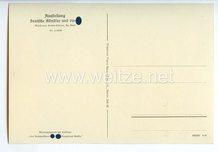 SS - Propaganda-Postkarte - " Ausstellung  Deutsche Künstler und die SS - Woldemar Keller-Kühne, Im Stall " Bild 2