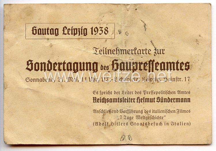 III. Reich - Gautag Leipzig 1938 - Teilnehmerkarte zur Sondertagung des Gaupresseamtes