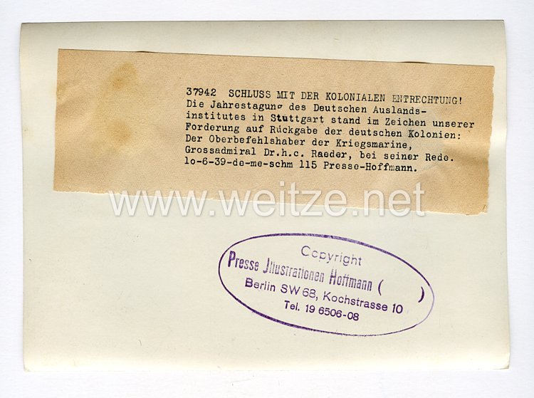 III. Reich Pressefoto. Schluss mit der Kolonialen Entrechtung. 10.06.1939.  Bild 2