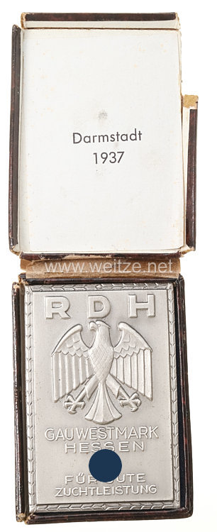 III. Reich - Reichsverband für das Deutsche Hundewesen ( RDH ) - Gau-Plakette " Für gute Zuchtleistung " in Silber