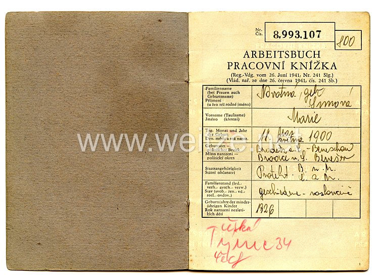 III. Reich - Protektorat Böhmen und Mähren - Arbeitsbuch für eine Frau des Jahrgangs 1900 Bild 2