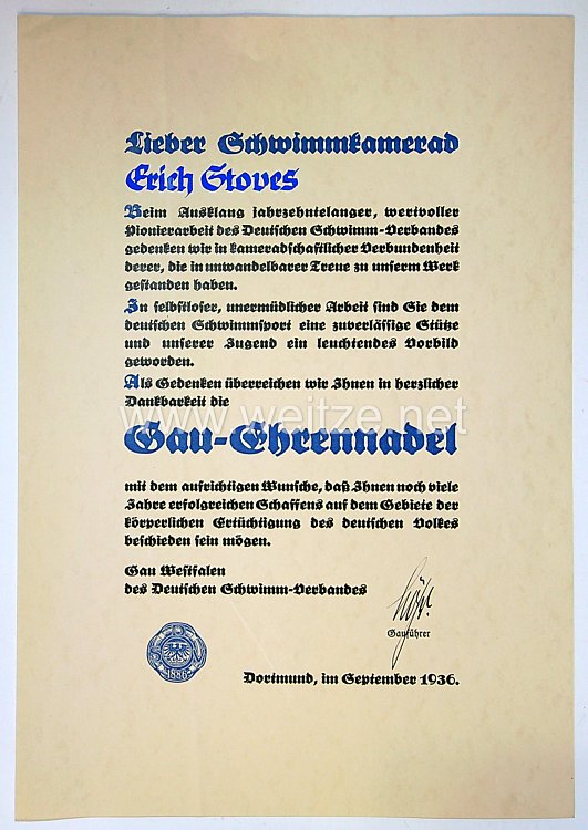 III. Reich - Deutscher Schwimm-Verband Gau Westfalen - Verleihungsurkunde für die Gau-Ehrennadel