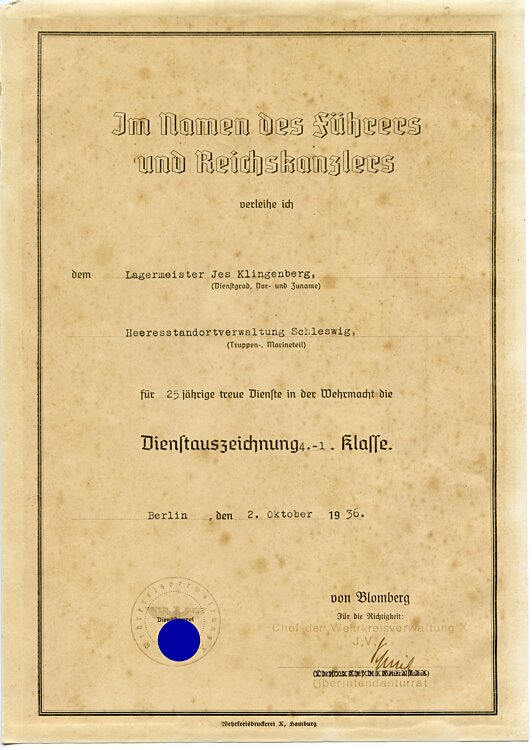 Wehrmacht - Dienstauszeichnung 4. - 1. Klasse für 25. Jahre - Verleihungsurkunde