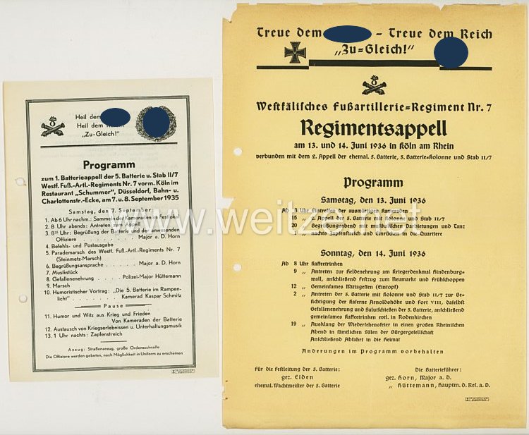 III. Reich - 2 Programme 1935 und 1936 zum Batterieappell und Regimentsappell des Westf.-Fußart.-Regt.Nr.7