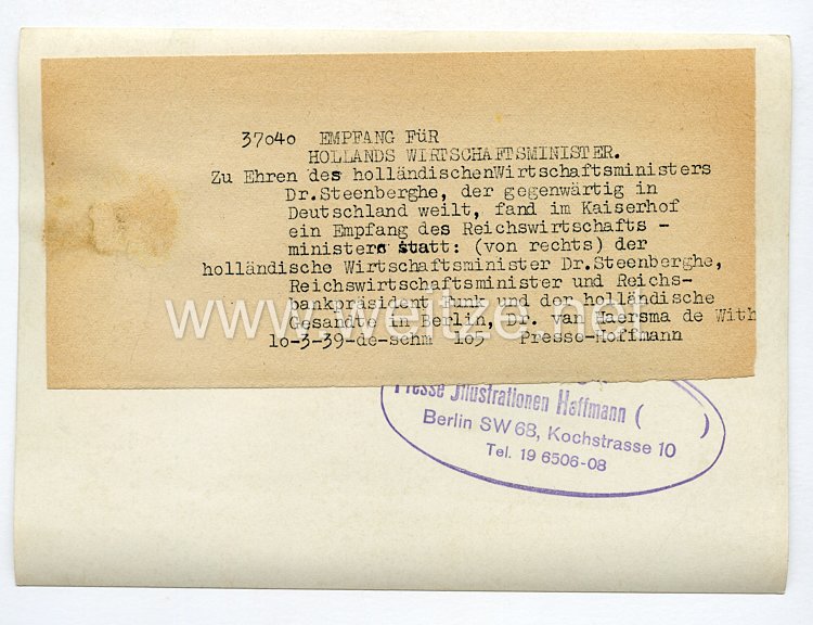 III. Reich Pressefoto. Empfang für Hollands Wirtschaftsminister. 10.3.1939. Bild 2
