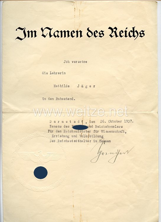 III. Reich - Originalunterschrift des Reichsstatthalters von Hessen Jakob Sprenger