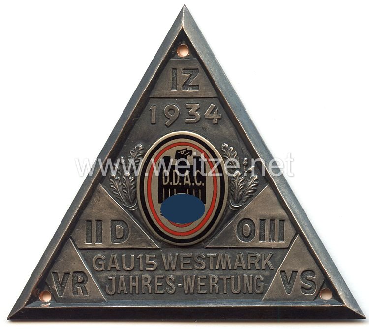 III. Reich - Der Deutsche Automobil Club ( D.D.A.C. ) - nichttragbare Teilnehmerplakette - " Gau 15 Westmark Jahres-Wertung 1934 "