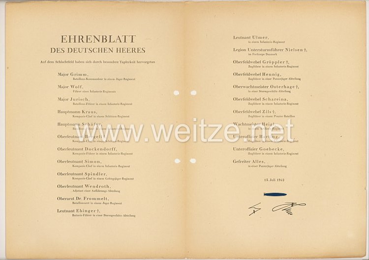 Ehrenblatt des deutschen Heeres - Ausgabe vom 15. Juli 1942