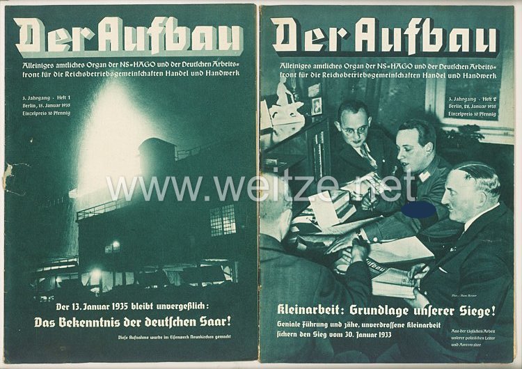 III. Reich - 2 x Ausgabe von : Der Aufbau - Alleiniges amtliches Organ der NS-Hago - 3. Jahrgang 1935 Folge 1 und 2