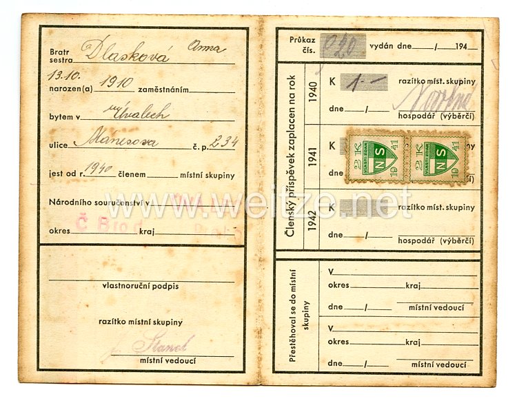 III. Reich - Tschecheslowakei - Narodni Sourucenstvi ( NS ) - Mitgliedsausweis für eine Frau des Jahrgangs 1902 Bild 2