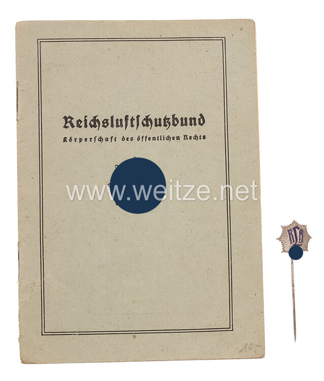 Reichsluftschutzbund ( RLB ) Mitgliedsausweis mit Mitgliedsnadel - Landesgruppe XII Hessen/Rheinland Süd