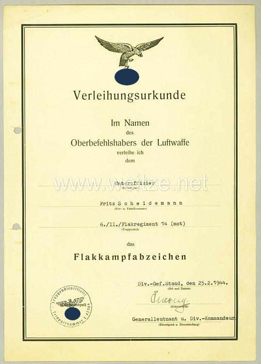 Luftwaffe - Urkundengruppe eines Obergefreiten und späteren Unteroffiziers im Flakregiment 14 Bild 2