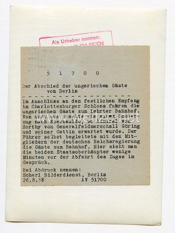3. Reich Pressefoto: Der Abschied der ungarischen Gäste von Berlin 26.8.1938 Bild 2
