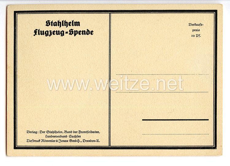 Stahlhelmbund - Propaganda-Postkarte - " Flieger-Staffel Baustein - Stahlhelm Flugzeug-Spende " Bild 2