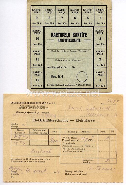 III. Reich / Lettland - Elektrizitätsrechnung und Kartoffelkarte von 1943