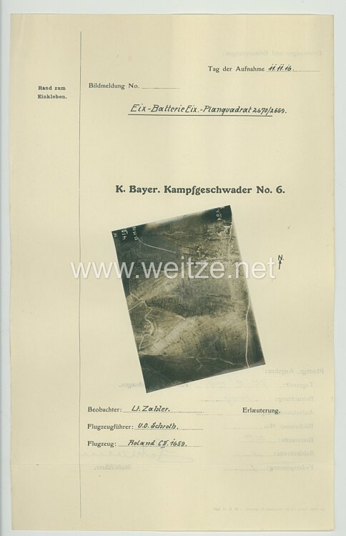 Fliegerei 1. Weltkrieg - Königl.Bayer. Kampfgeschwader No. 6 - Bildmeldung No. vom 11.11.1916