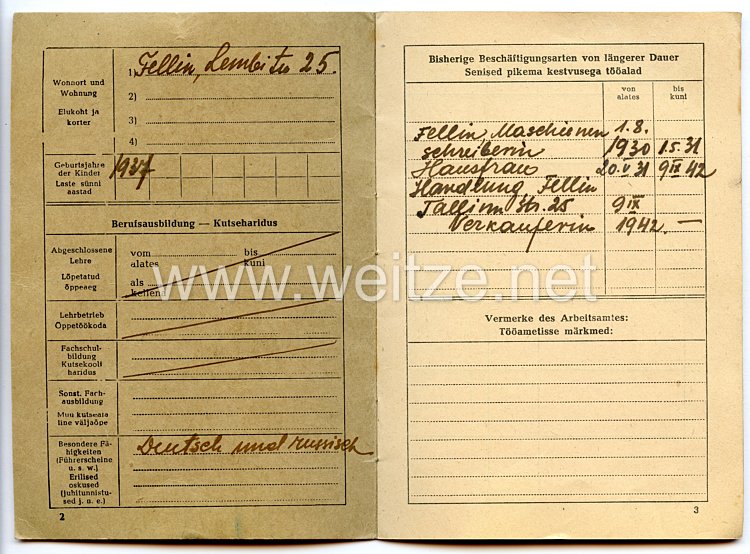 III. Reich - Generalkommissar in Reval ( Estland ) - Arbeitsausweis für eine Frau des Jahrgangs 1909 Bild 2