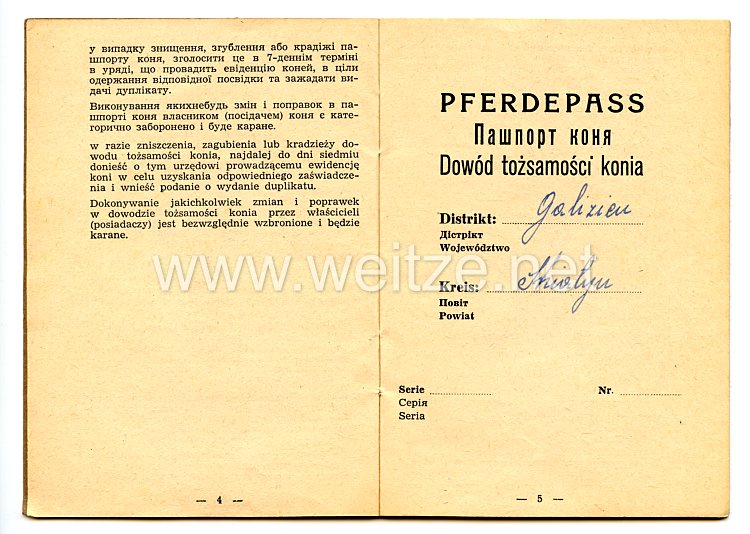 III. Reich /Pferdepass für eine Stute des Jahrgangs 1941 im Generalgouvernement in Shivtyn (Galizien)  Bild 2