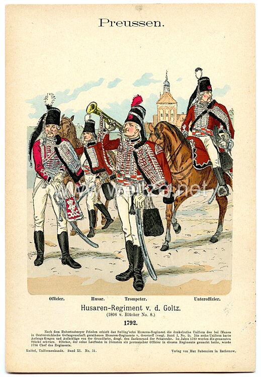 Knötel Uniformtafel "Husaren-Regiment v.d. Goltz" 1792,