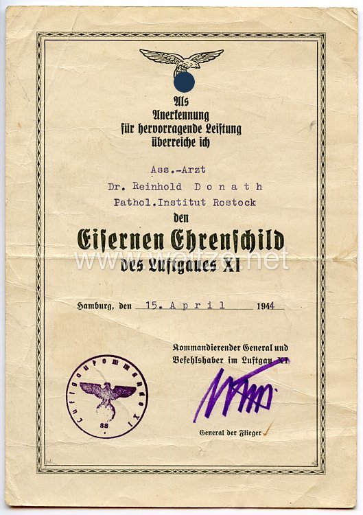 Luftwaffe - Verleihungsurkunde zum Eisernen Ehrenschild des Luftgaues XI Bild 2