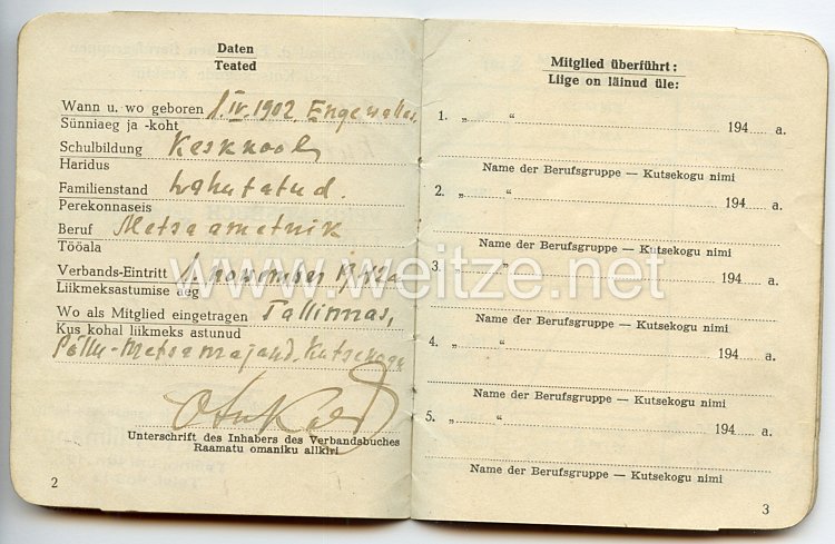 III. Reich / Estland - Hauptverband der estnischen Berufsgruppen - Verbandsbuch Bild 2